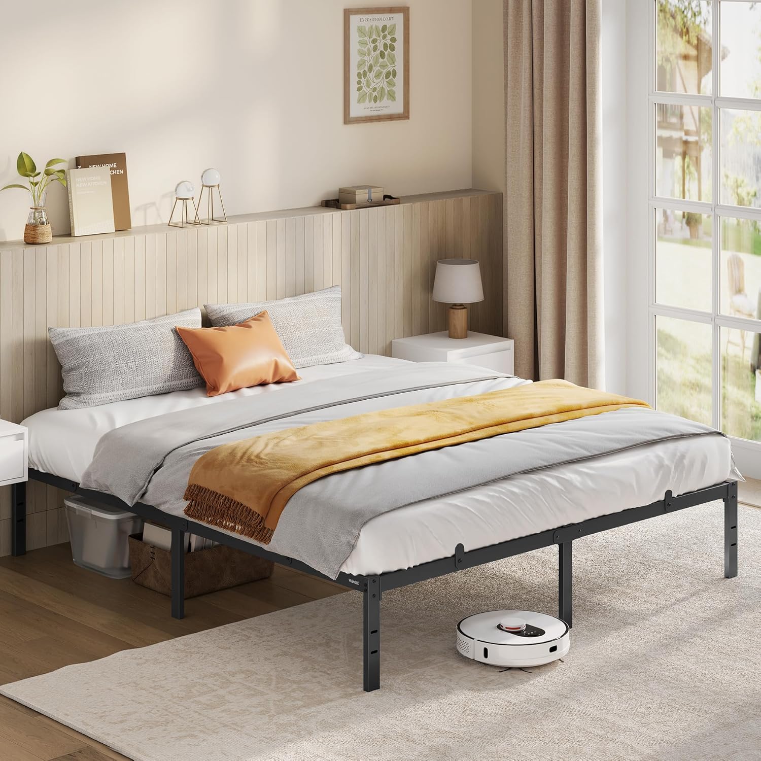  Cadre de lit VASAGLE 160x200 cm, métal noir mat avec rangement, facile à monter et robuste – bon plan Amazon