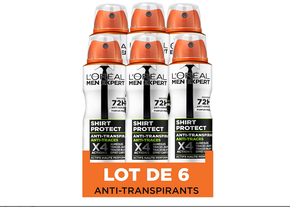 lot déodorant L'Oréal Men Expert Shirt Protect Déodorant Spray Anti-traces - 150ml - Lot de 6.png