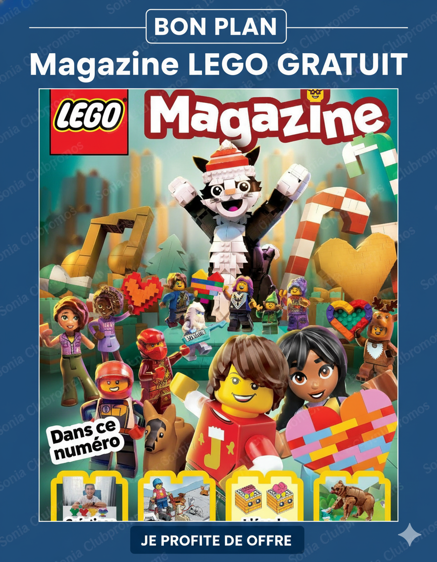 Magazine LEGO gratuit pour enfants, présentant un exemplaire coloré avec activités, bandes dessinées, jeux créatifs et constructions LEGO pour les 5–9 ans, mis en avant comme une offre d’abonnement 100 % gratuite avec livraison incluse.
