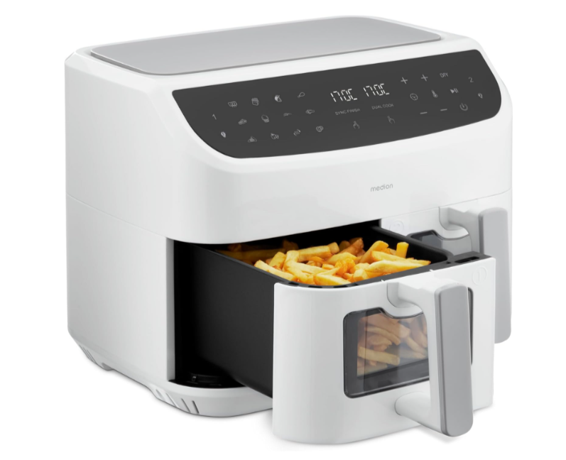 Friteuse à air MEDION P20 XXL MD11760 blanche, 8,7 L double compartiment, 2 600 W, hublot de contrôle, 10 programmes, revêtement antiadhésif, livrée avec 2 grilles. 