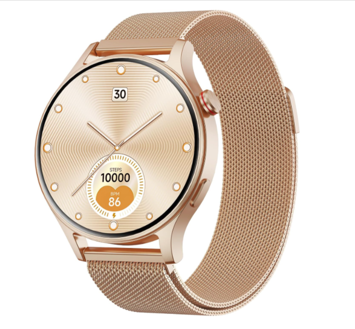Montre connectée AMOLED 1,32 dorée avec appels Bluetooth 5.3, 110+ sports, 3ATM, suivi fréquence cardiaque/SpO₂/sommeil, AOD, 12 jours d’autonomie, compatible Android & iOS.