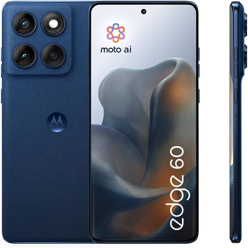 Smartphone Motorola Edge 60 bleu avec écran OLED incurvé 6,67”, triple appareil photo 50MP et batterie 5200 mAh rechargeable 68W