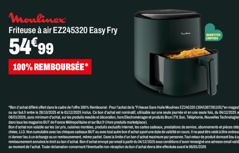  Friteuse à air Moulinex Easy Fry EZ245320 Vert Forêt, capacité 5 L, 4,7/5 sur 53 avis, bon plan BUT 100 % remboursé en bon d’achat, retrait magasin et livraison disponibles.
