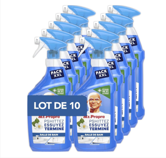 Lot de 10 sprays Mr. Propre désinfectant et nettoyant salle de bains parfum fleurs blanches 800 ml, action anti-calcaire et anti-résidus de savon, offre Amazon à 18,36€ au lieu de 36€.