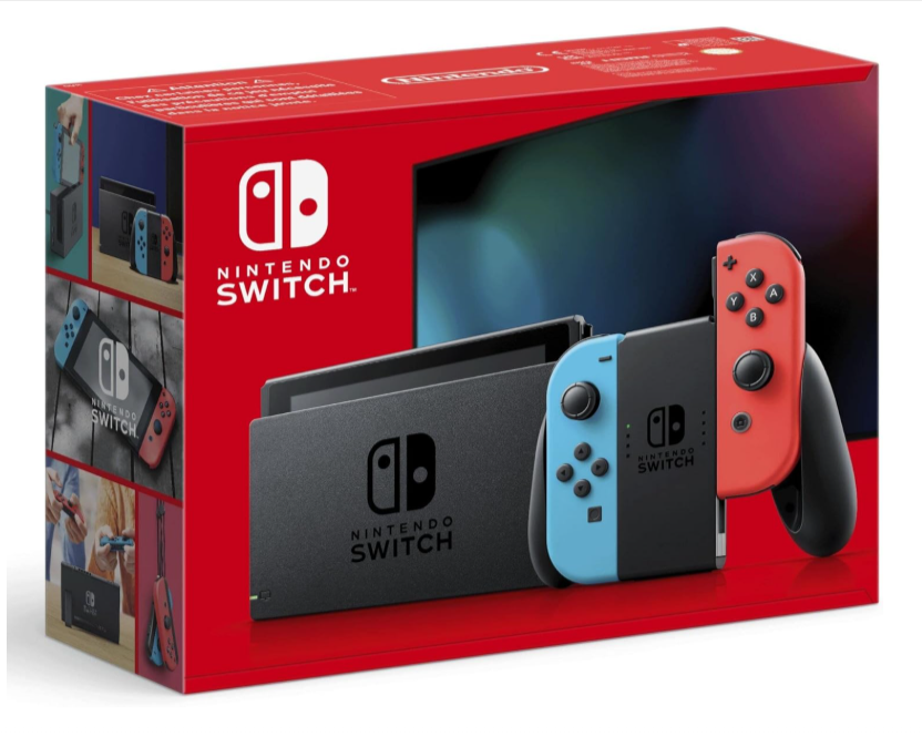 Console Nintendo Switch avec Joy-Con néon bleu et rouge en promo sur Amazon, bon plan console hybride portable et salon avec remise de 20€ au moment de la commande, idéale pour jouer en famille et profiter du catalogue Nintendo.