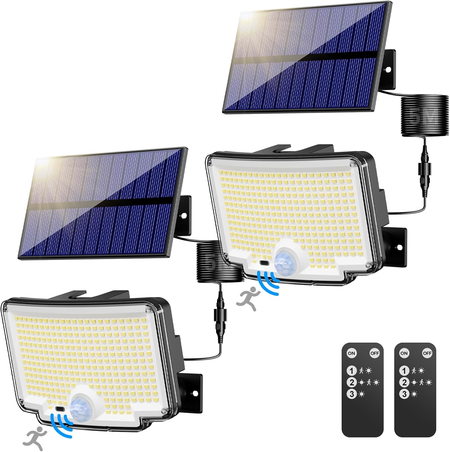 Lot de 2 lampes solaires nipify 310 LED, angle 270°, panneau solaire séparé (câble 5 m), détecteur PIR et télécommande, éclairage extérieur étanche. 