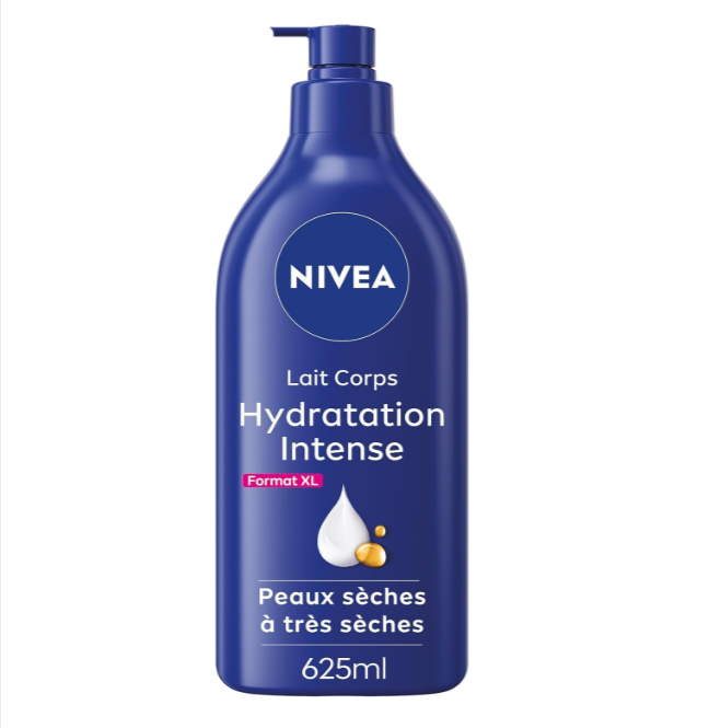  NIVEA Lait corps Hydratation Intense 72H 625 ml en promotion à 4,01€ sur Amazon, lait nourrissant pour peaux sèches à très sèches avec hyaluron pur et huile d’amande douce, note 4,7/5.