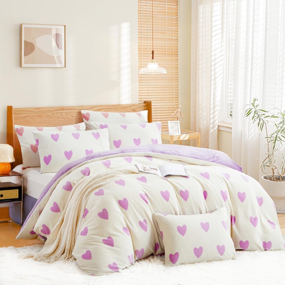 Parure de lit Nyescasa housse de couette flanelle 220x240 violet motif cœurs avec 2 taies 65x65, fermeture éclair et liens d’angle, offre Amazon hiver