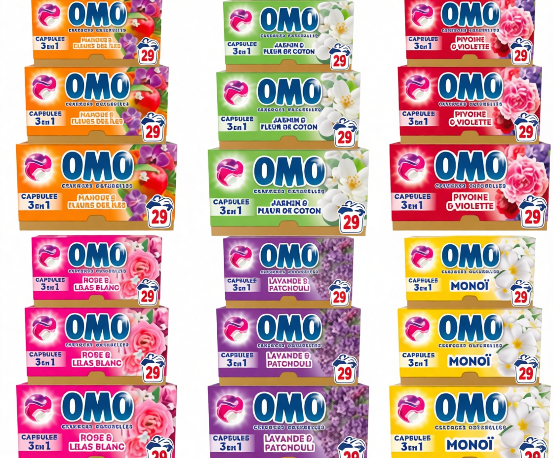 Lot de 3 boîtes de capsules lessive OMO 3-en-1, 87 lavages, parfum Mangue et Fleurs des îles, offre à 25,32€ sur Amazon