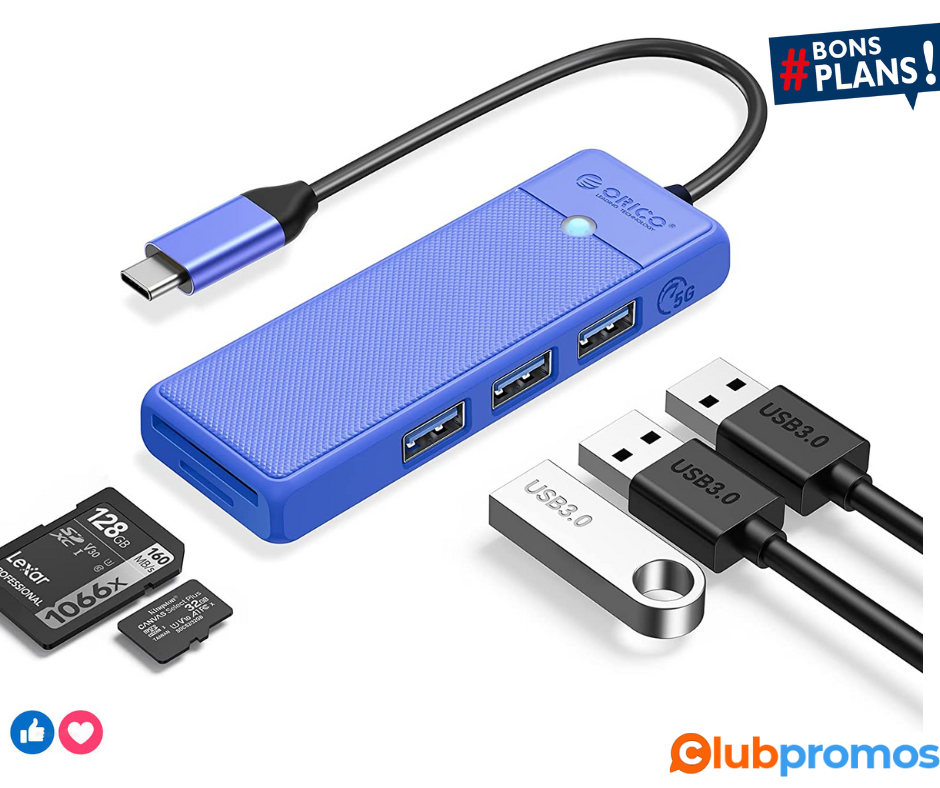 ORICO Hub USB 3.0, Hub USB C avec Lecteur de Cartes SDTF, Mini USB 3.0 à 3 Ports, Multiport US...png