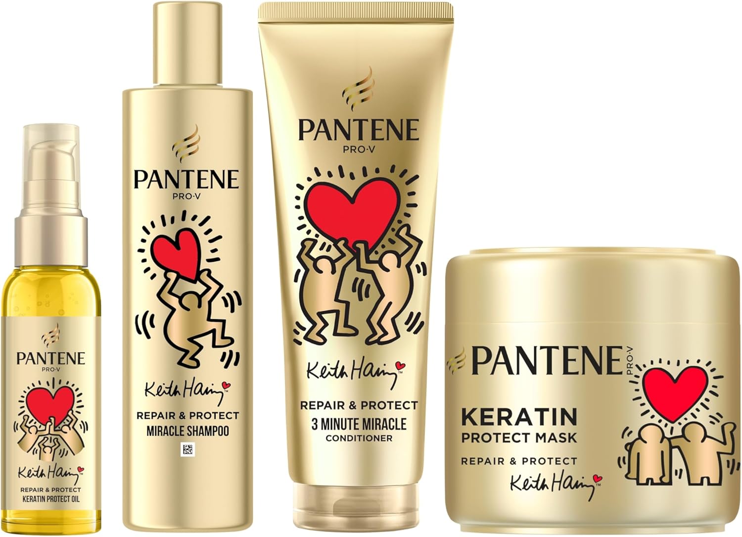 Coffret Pantene Pro-V x Keith Haring Repair & Protect sur fond de salle de bain, montrant le shampoing, l’après-shampoing 3 Minute Miracle, le masque Keratin Protect et l’huile capillaire, bon plan Amazon à 17,68 € pour une routine complète cheveux secs et abîmés.