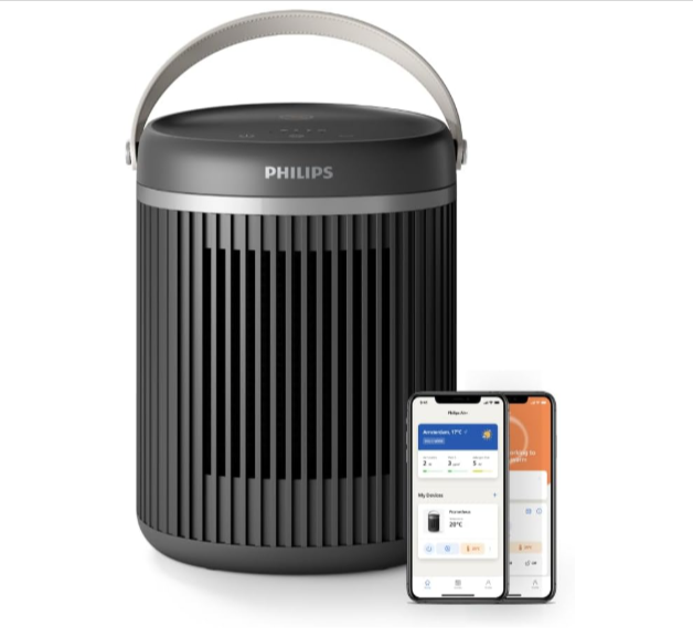 Radiateur soufflant connecté Philips Série 3000 CX3120/01 gris foncé, chauffage céramique 2000W avec EcoAI, oscillation 45°, contrôle Wi-Fi via application, offre Amazon à 54,99€.