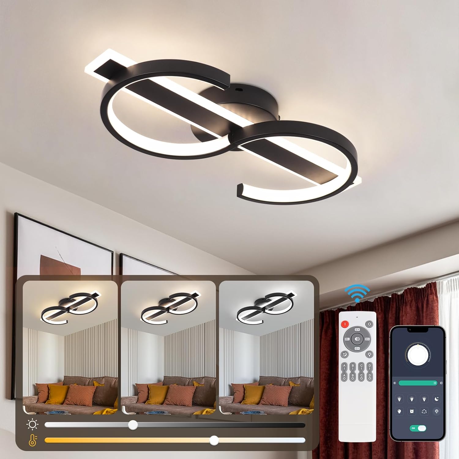 Plafonnier LED Vloitgol moderne noir 45 cm, 2 anneaux croisés, lumière dimmable de 3000K à 6000K avec télécommande, idéal salon ou chambre – 35W – bon plan Amazon