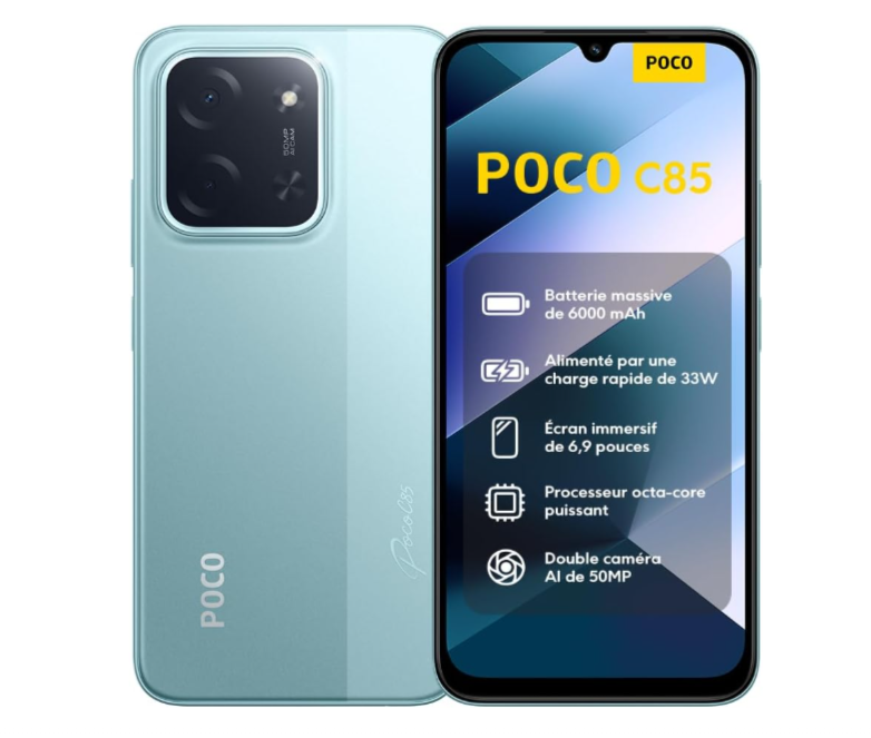Smartphone POCO C85 6,9 pouces 120 Hz avec batterie 6000 mAh, 6 Go de RAM et 128 Go de stockage, double SIM 4G, IP64, charge rapide 33 W, vendu sur Amazon à prix promo