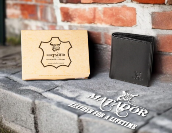  Portefeuille MATADOR Slim Chicago en cuir véritable, compact 10×8×1,7 cm, compartiment pièces, 6 emplacements cartes, poche billets, protection RFID certifiée TÜV, livré en coffret cadeau (Amazon).