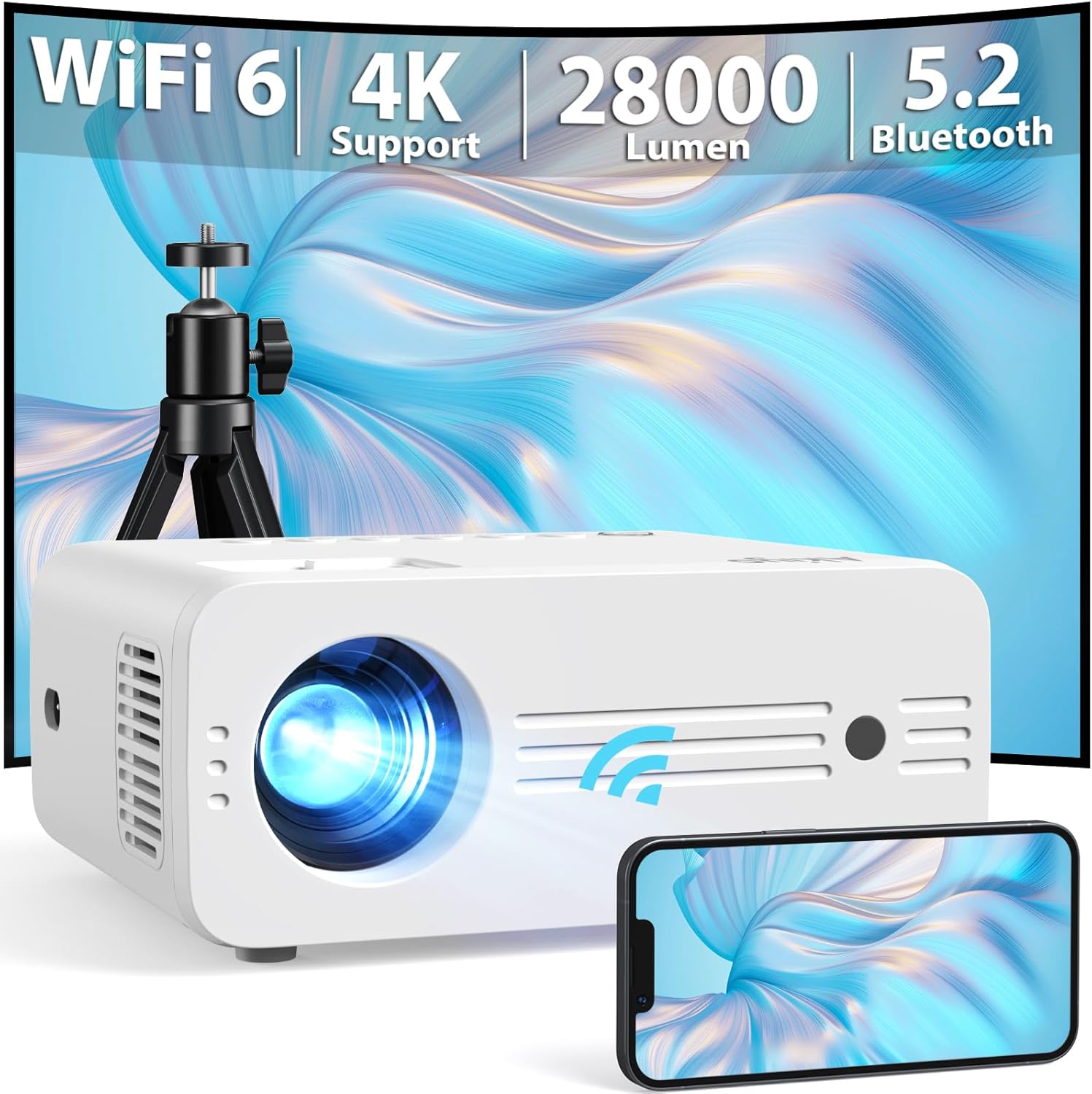 Projecteur 4K AKIYO O7 28000 lumens, WiFi 5G, Bluetooth 5.2, avec trépied rotatif à 360°, grand écran jusqu’à 200, et 30 accessoires pour cinéma à domicile.