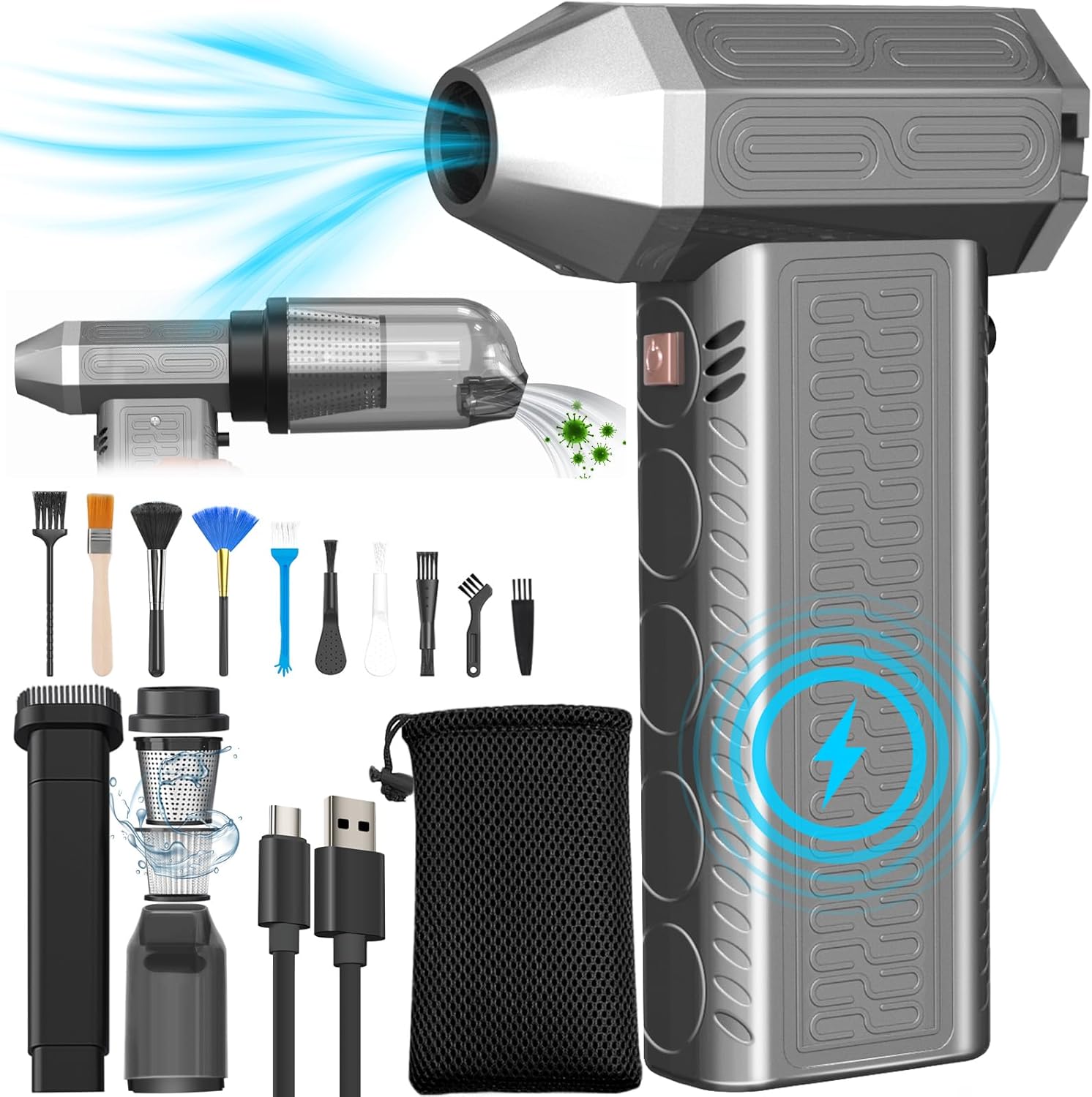 Aspirateur à air comprimé MAEZOE 2 en 1 avec moteur sans balais, batterie de 8000 mAh, soufflerie puissante et faible bruit, pour nettoyer claviers et appareils électroniques.