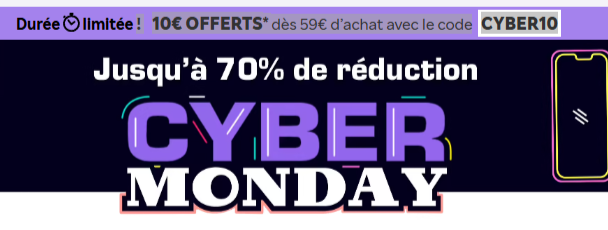 Visuel bon plan Rakuten Cyber Monday montrant le code CYBER10 offrant 10€ dès 59€ d’achat et jusqu’à 50% cagnotté sur la boutique Songmics, idéal pour optimiser ses achats maison, high-tech et cadeaux avec remise immédiate et cashback.