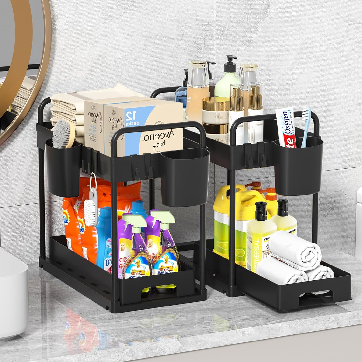 Organiseur sous évier MQVXT 2 niveaux avec crochets et gobelets suspendus pour cuisine et salle de bain