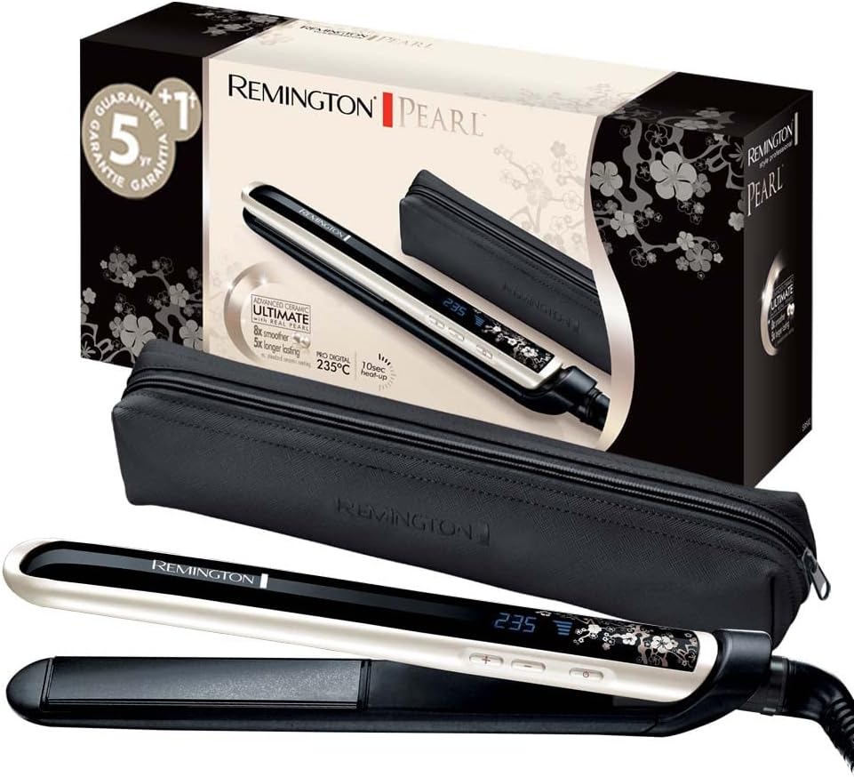  Lisseur cheveux Remington Pearl S9501 avec plaques céramique aux éclats de perles, écran LCD, température réglable de 150 à 235°C, chauffe rapide en 10 secondes et pochette thermorésistante, bon plan Amazon à 29,99€