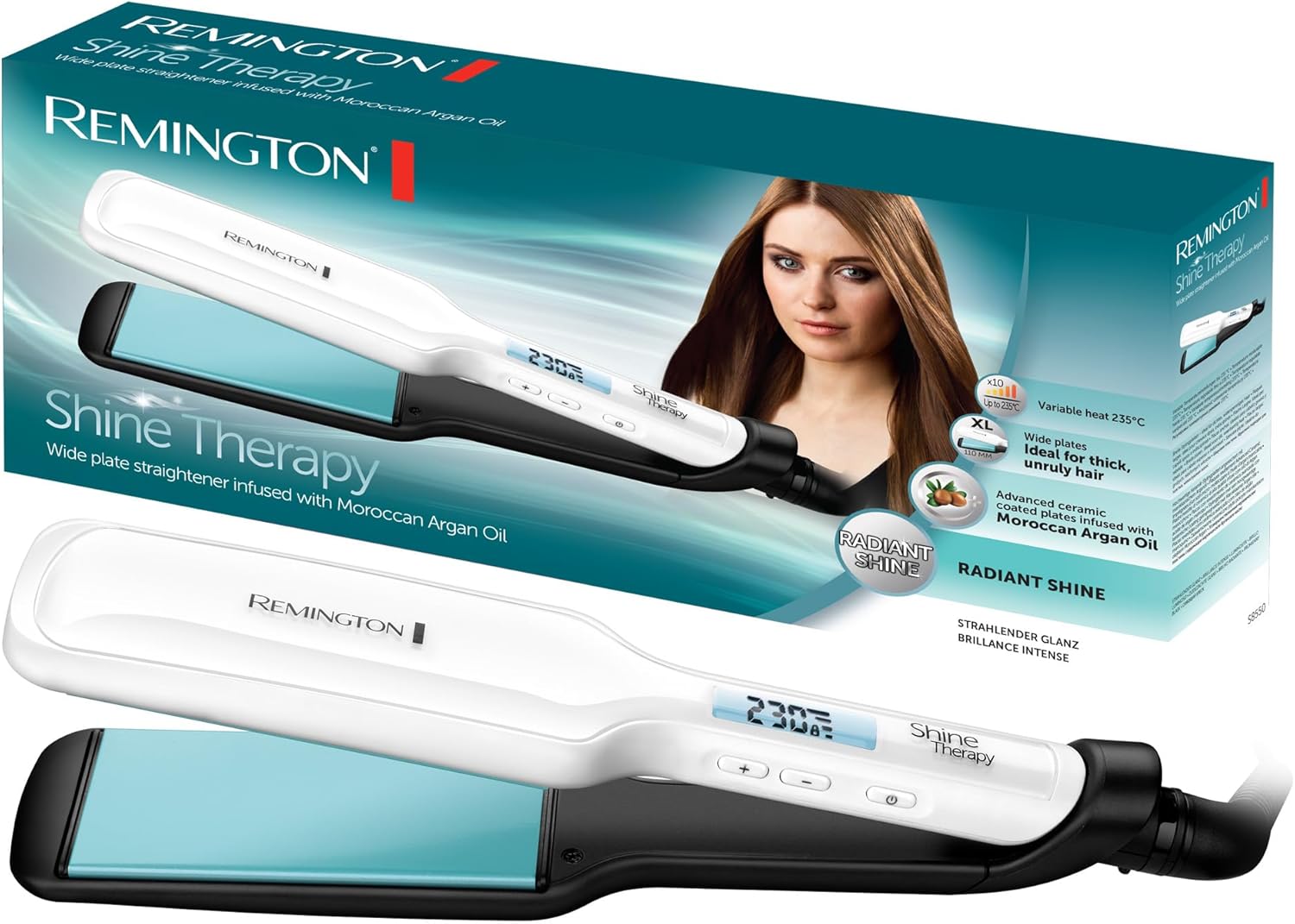 Lisseur Remington S8550 Shine Therapy avec plaques céramique infusées à l’huile d’argan et vitamine E, 150-230 °C, affichage LCD, pochette thermorésistante, cheveux brillants et doux.