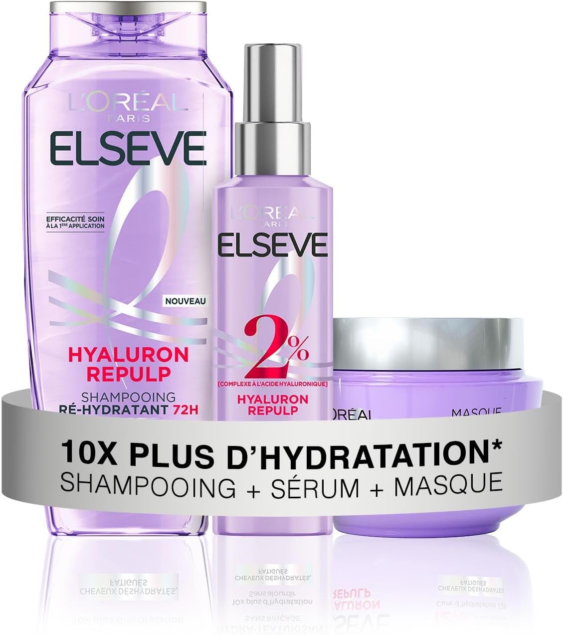 L'Oréal Paris Routine Soin Hydratation Intense – Shampooing, Sérum & Masque – Hydratation 72H pour cheveux déshydratés et secs.L'Oréal Paris Routine Soin Hydratation Intense – 3 Produits Shampooing, Sérum et Masque à l'Acide Hyaluronique – Hydratation 72H pour cheveux déshydratés et secs