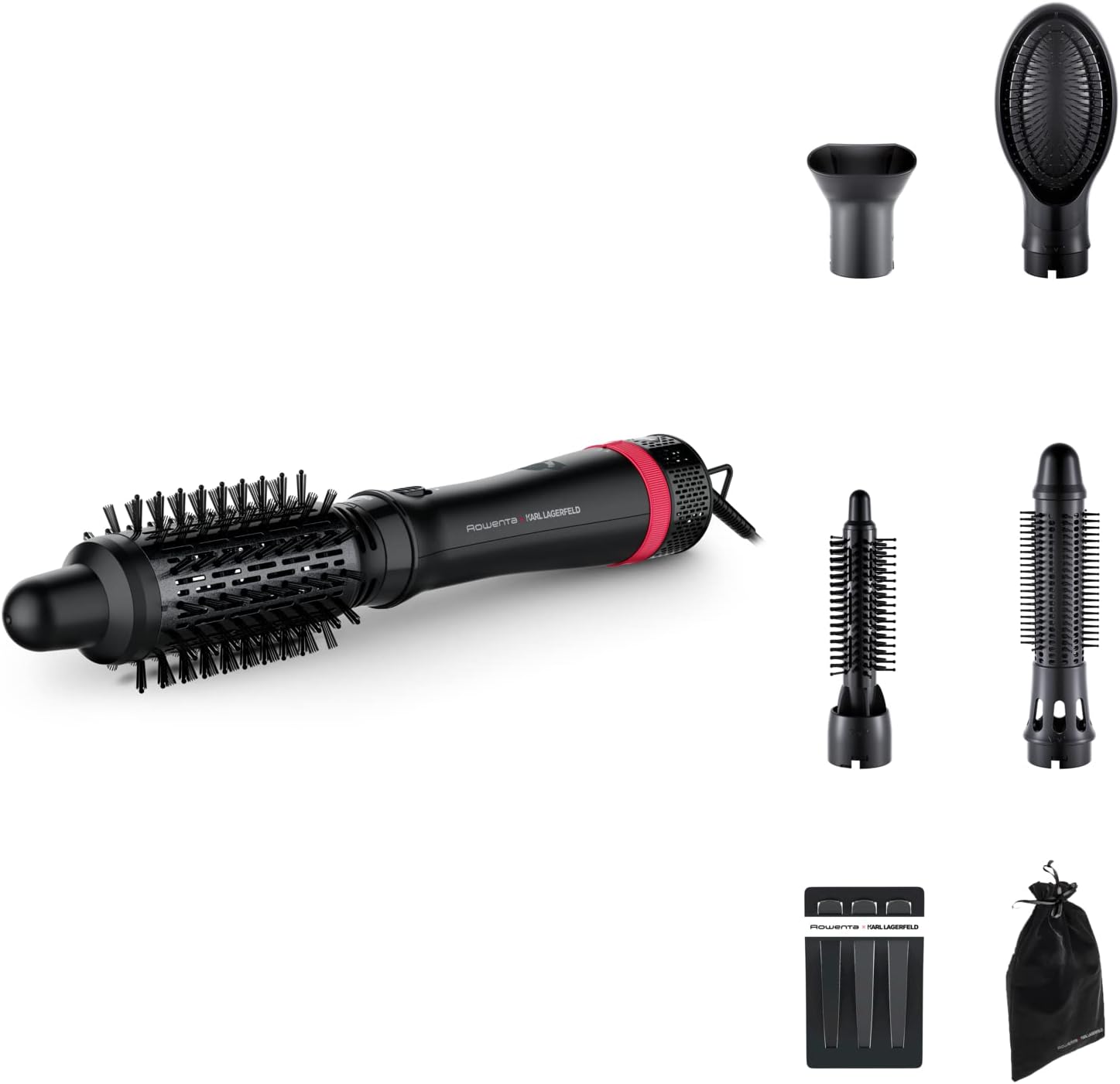 Rowenta x Karl Lagerfeld – Brosse chauffante coiffante 5-en-1, Lissage, Boucles, Ondulations, Revêtement Keratin & Glow, Noir, appareil multifonction