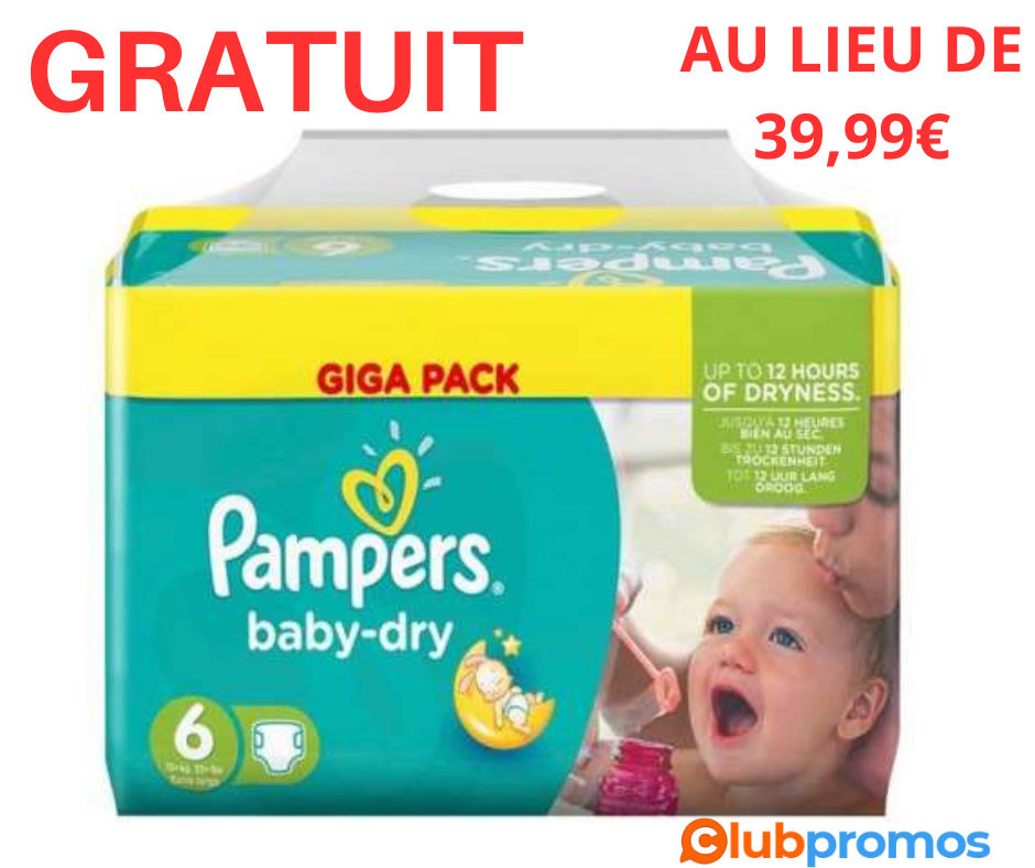 gratuit Méga ou giga pack de couches Pampers Baby Dry diverses