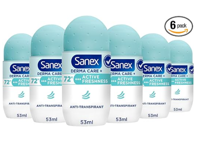 Lot de 6 déodorants bille SANEX Derma Care+ Active Freshness 72 h, 53 ml, sans alcool éthylique, anti-transpirant pour peaux sensibles, protection longue durée contre transpiration et odeurs, bon plan Amazon à petit prix