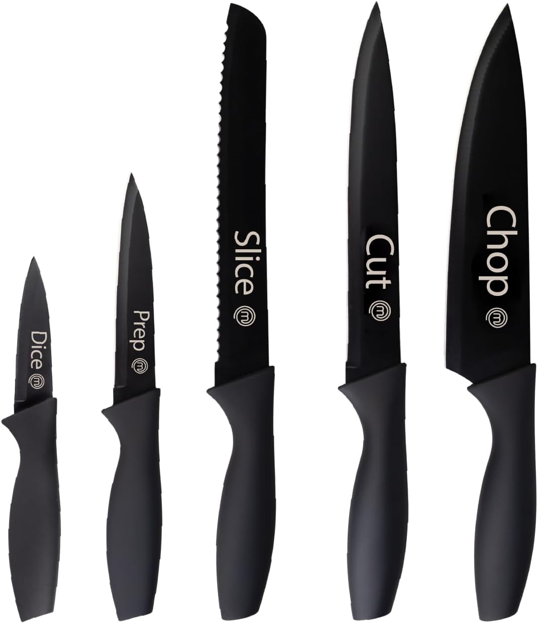 Set de 5 couteaux MasterChef, acier inoxydable, poignées ergonomiques, qualité professionnelle.