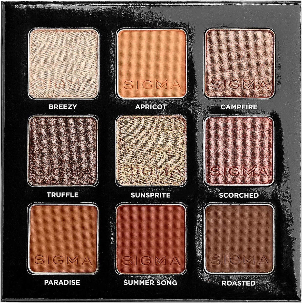 Palette SIGMA Beauty Fiery – 9 neutres chauds mats, satinés et métalliques, forte pigmentation, tenue longue, format compact voyage, looks jour-soir..jpg