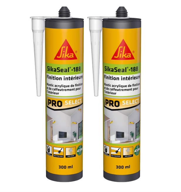 Bon plan Amazon – SIKA SikaSeal-188 mastic acrylique blanc finition intérieure (lot de 2x300 ml), joint statique et calfeutrement multi-usage, application facile, sans odeur, adhérence sur béton, bois, plâtre, PVC et supports peints, réduction -42%.