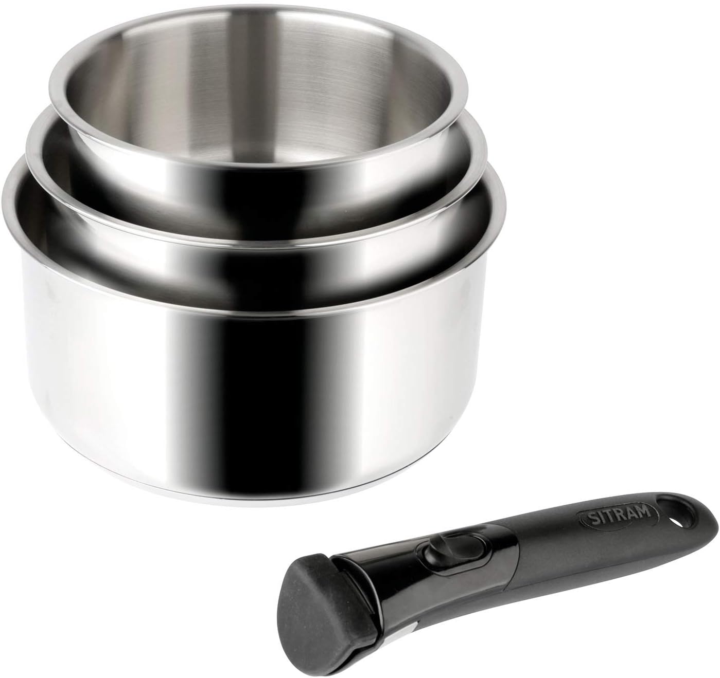  Lot de 3 casseroles inox Sitram Arpège 713511 Ø16-18-20 cm, construction triply, induction, poignée amovible, four 180 °C, lave-vaisselle