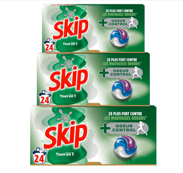 Skip Lessive Capsules Anti-Odeur 3x24 Lavages à 23,34€ sur Amazon, lessive 3-en-1 avec efficacité dès 30°C, élimine les taches et mauvaises odeurs, emballage 100% recyclable.