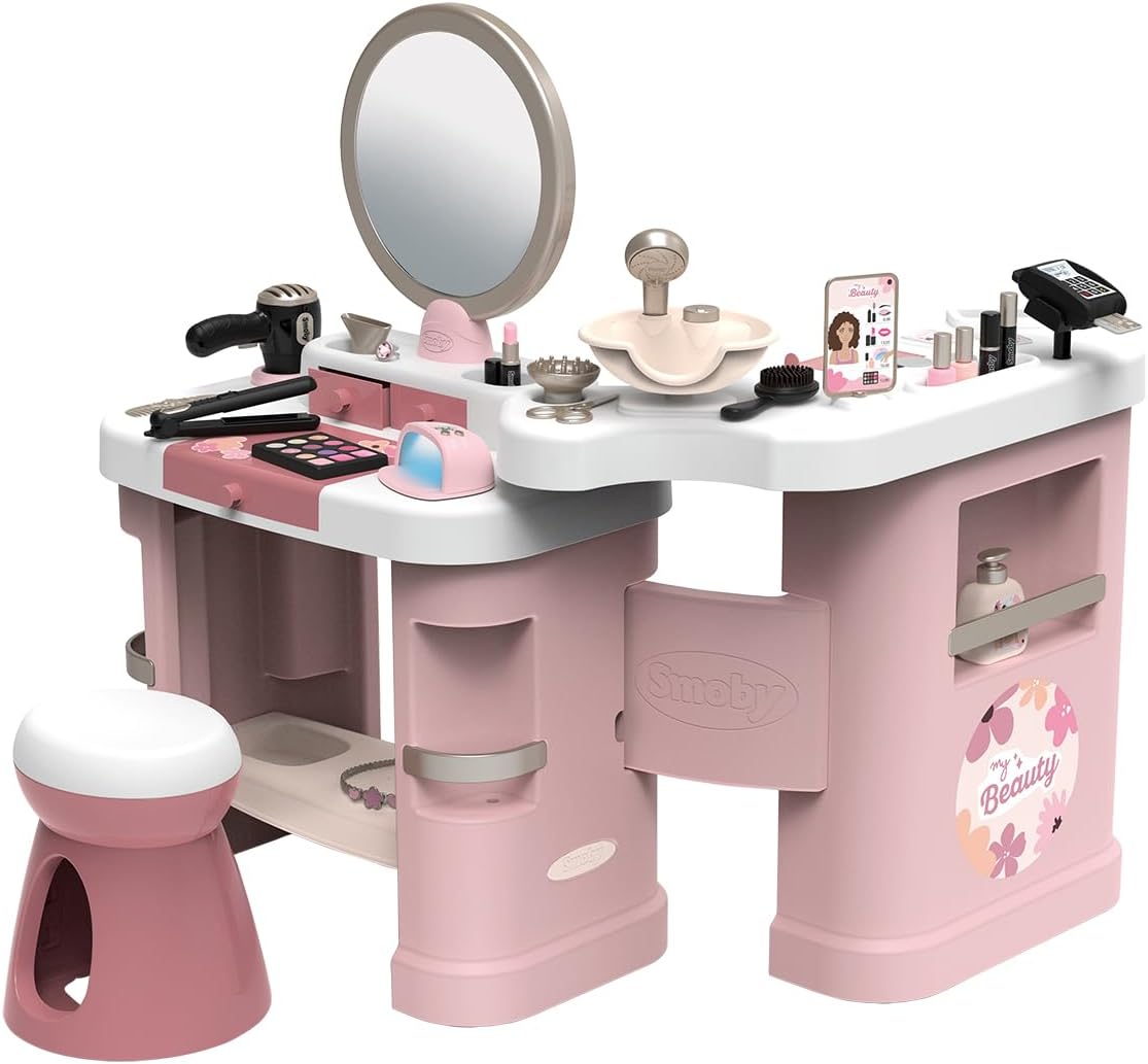 Smoby My Beauty Center institut de beauté 3 en 1 pour enfant, centre de coiffure onglerie maquillage factice avec 26 accessoires, jouet d’imitation fille dès 3 ans en plastique recyclé, fabrication française, bon plan Amazon présenté par Sonia de ClubPromos.