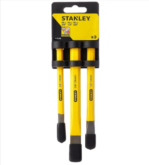 Lot de 3 burins à froid STANLEY 4-18-298 en acier chrome-vanadium, largeurs 10/13/16 mm, lames trempées et biseautées, outil de marquage et dégagement pour rénovation, métal, brique et pierr