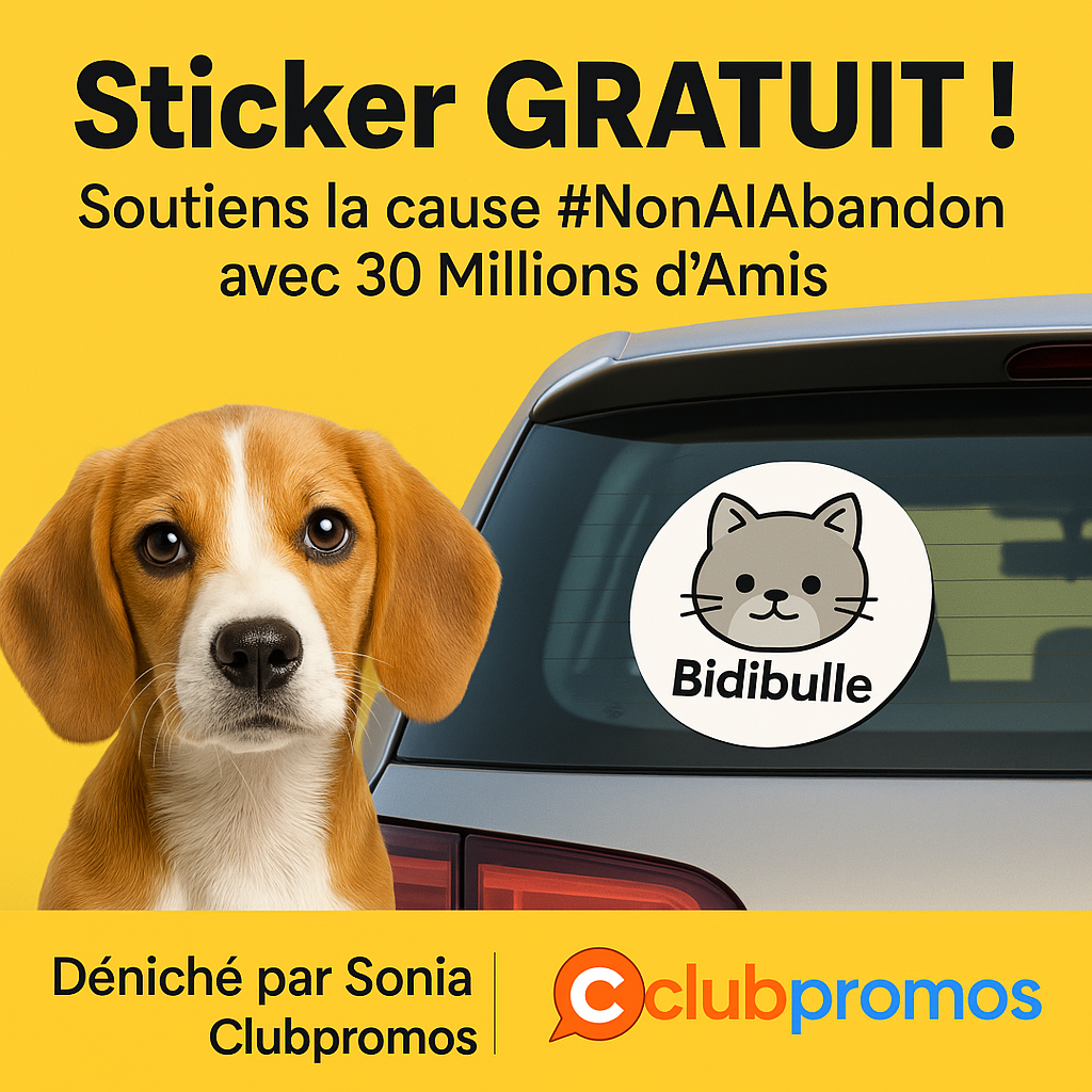Sticker personnalisé gratuit 30 Millions d'Amis collé sur une voiture, affichant fièrement le prénom d’un animal pour sensibiliser contre l'abandon avec le hashtag #NonAlAbandon.