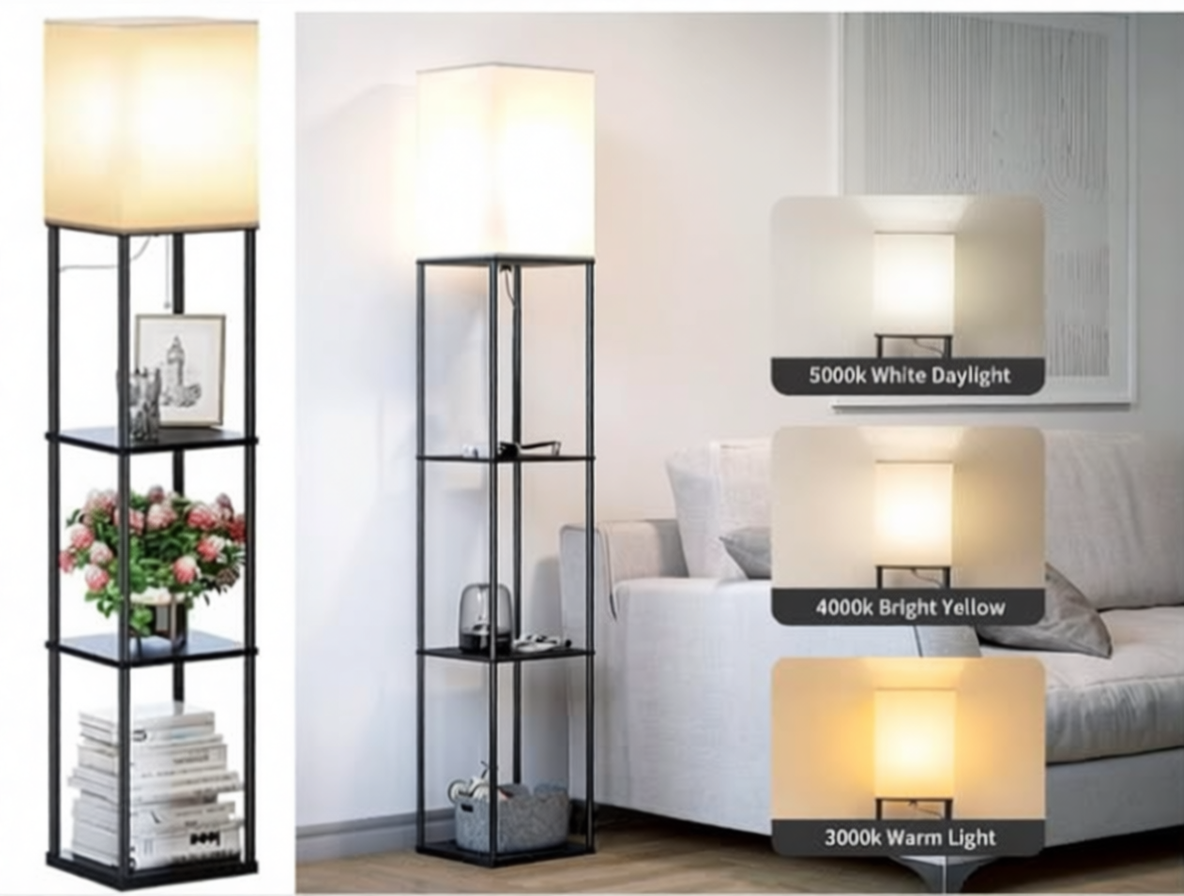 Lampadaire étagère SUNMORY noir avec 3 niveaux de rangement en métal + bois, ampoule LED 9W / 800 lm incluse, 3 températures 3000K / 4000K / 5000K, douceur d’éclairage via abat-jour tissu, douille E27 compatible ampoules jusqu’à 60W et usage domotique via prise intelligente.