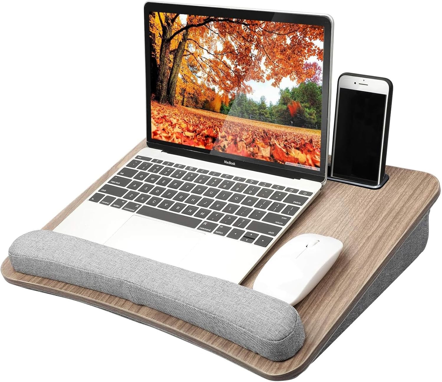 : Plateau pour ordinateur portable HUANUO marron avec coussin intégré, fente tablette et bande antidérapante – 4,5/5 – bon plan confort pour télétravail