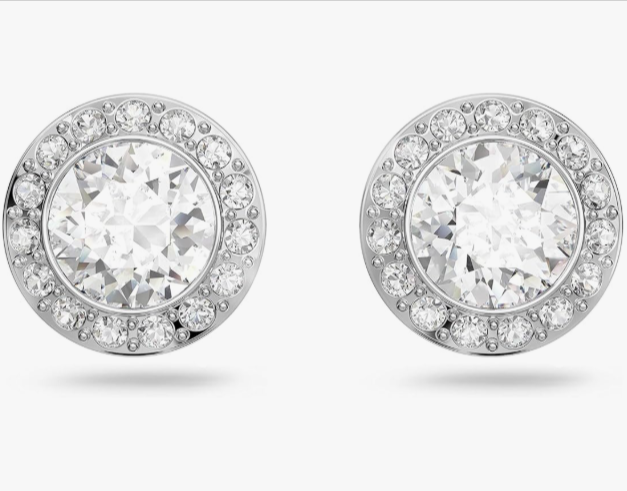 Boucles d’oreilles Swarovski Angelic en métal rhodié, clous ronds avec cristal central et halo pavé, présentées comme bon plan Amazon à 35 € au lieu de 65 €, idée cadeau élégante et intemporelle.