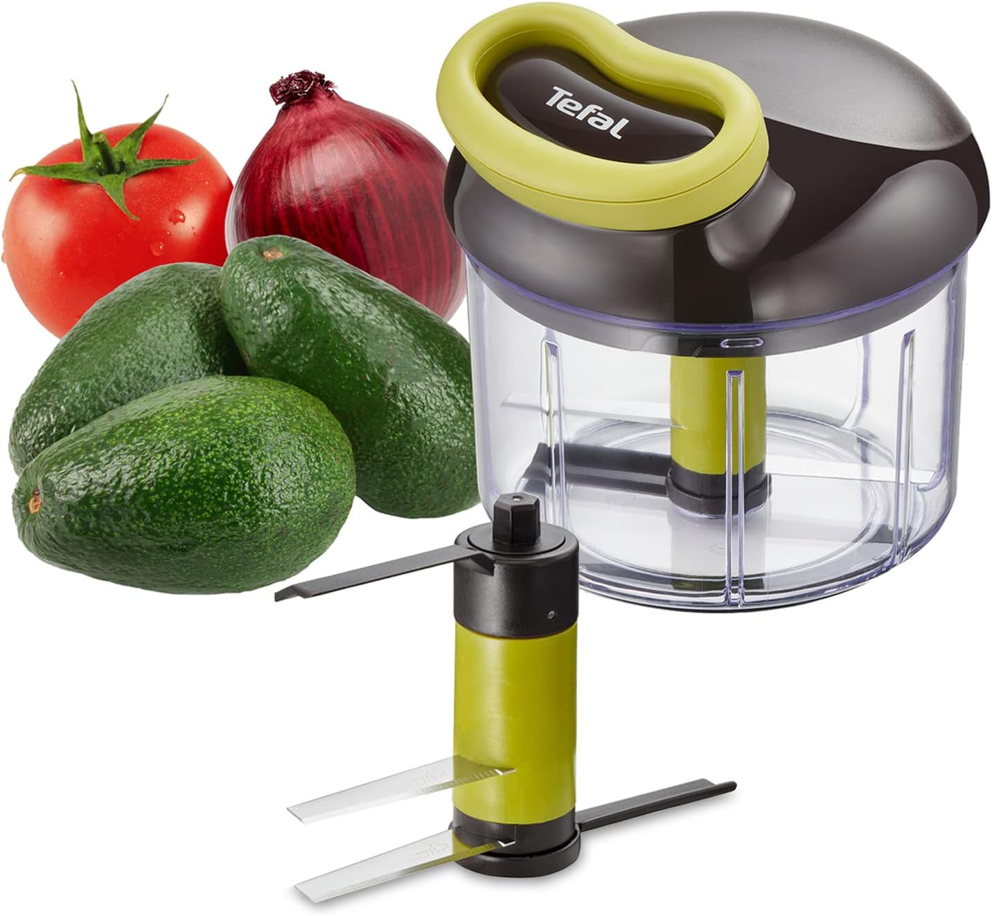 Hachoir manuel Tefal 5 secondes avec lames en acier inoxydable et système de verrouillage sécurisé.