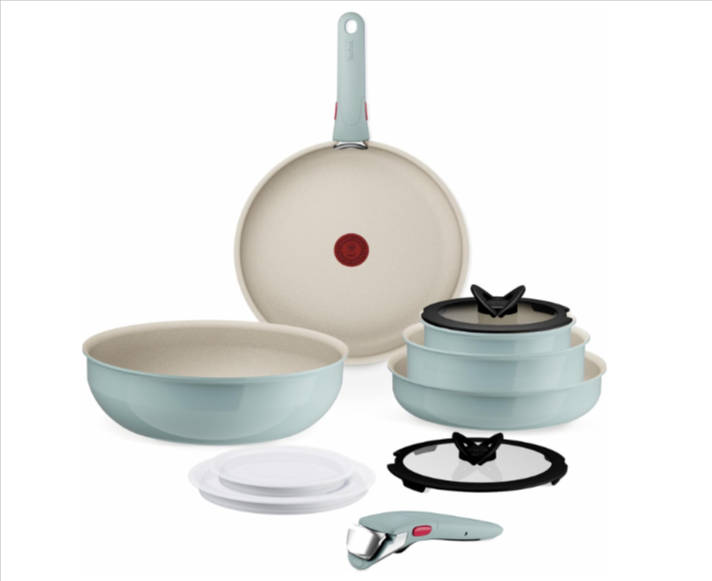 Batterie de cuisine Tefal Ingenio Serenity L828SB04 11 pièces compatible induction avec poignées amovibles sécurisées et revêtement antiadhésif Mineralia, proposée à 99,99€ sur Amazon, note 4,0/5 basée sur 702 avis.