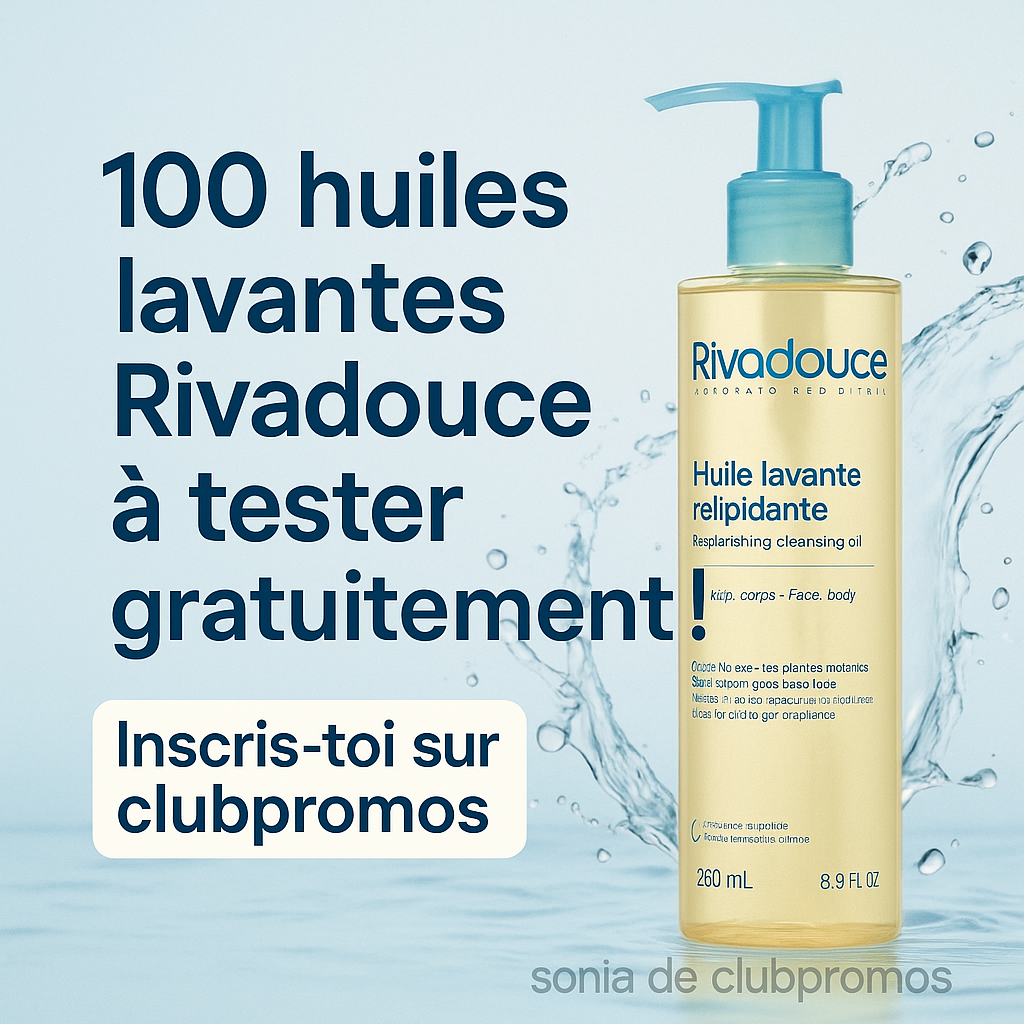 Visuel carré représentant une huile lavante relipidante Rivadouce à tester gratuitement, soin dermatologique pour peaux sensibles, avec mention sonia de clubpromos en filigrane