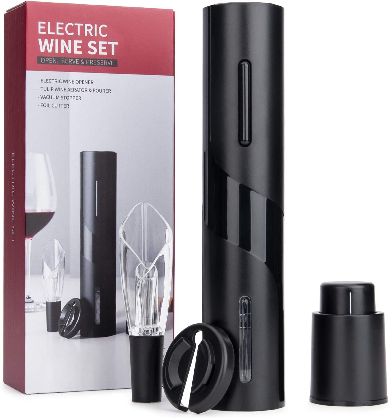 Coffret complet Mafiti 4-en-1 avec tire-bouchon électrique, coupe-capsule, aérateur de vin et bouchon sous vide. Ouvre-bouteille automatique sans effort, idéal pour amateurs de vin et cadeau à petit prix.