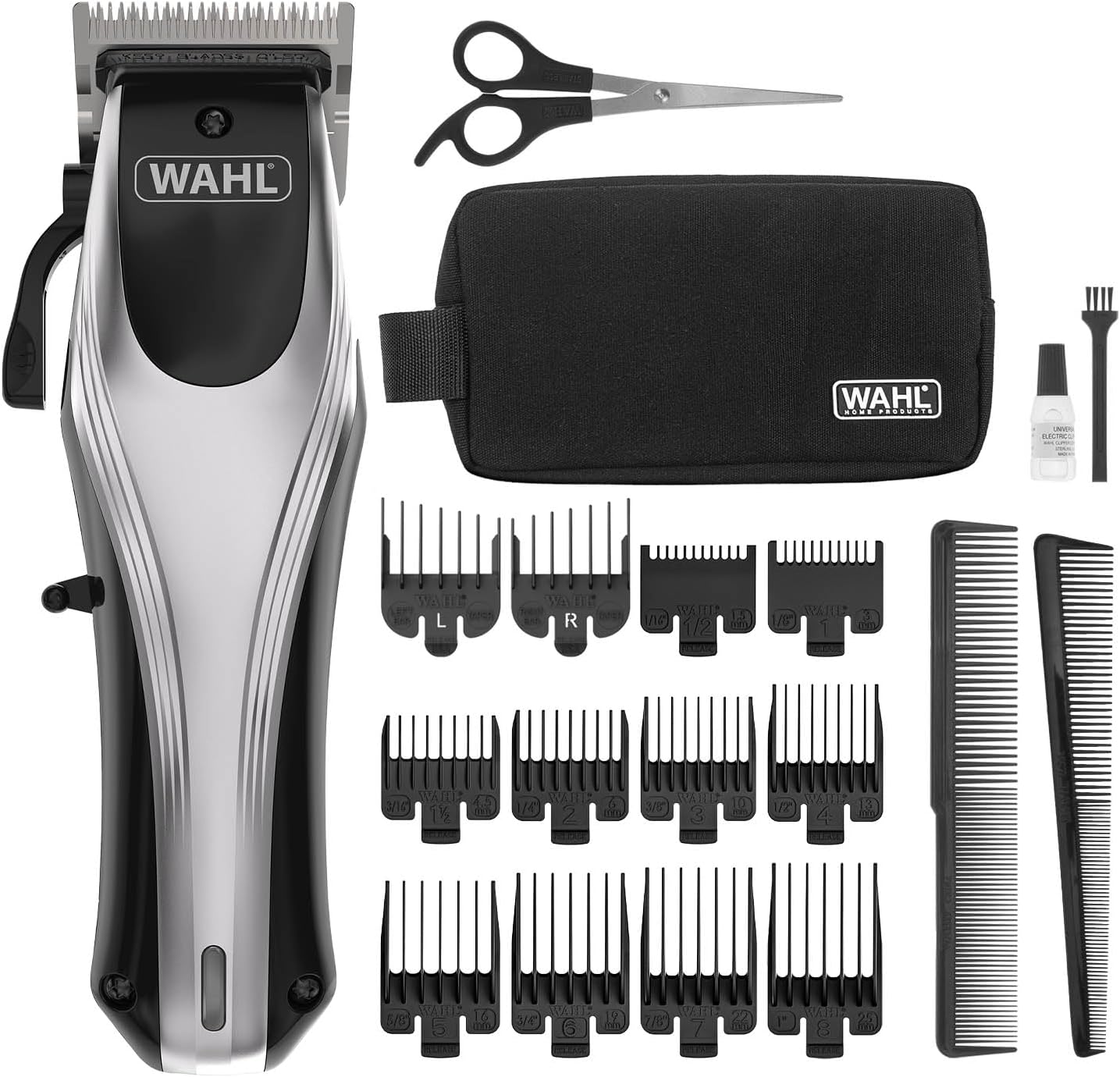 Tondeuse cheveux sans fil Wahl Rapid Clip rouge – lames auto-affûtées, autonomie 120 min, technologie lithium-ion, kit complet avec sabots et accessoires.