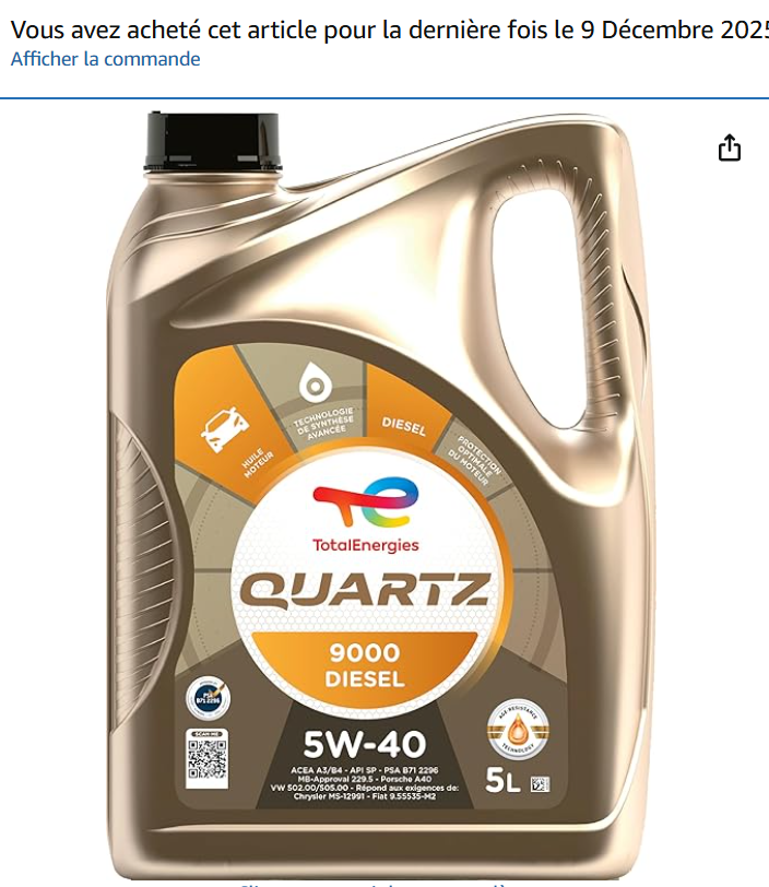 Bidon de 5 litres d’huile moteur TotalEnergies Quartz 9000 Diesel 5W-40 en promotion sur Amazon, huile 100 % synthétique pour moteurs Diesel sans filtre à particules, homologuée par plusieurs constructeurs automobiles et idéale pour l’entretien régulier du moteur en toutes saisons.
