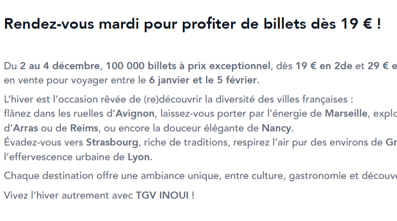 Offre TGV INOUI billets dès 19 € – Vente Flash SNCF Connect du 2 au 4 décembre, voyages du 6 janvier au 5 février, destinations françaises en hiver à petit prix
