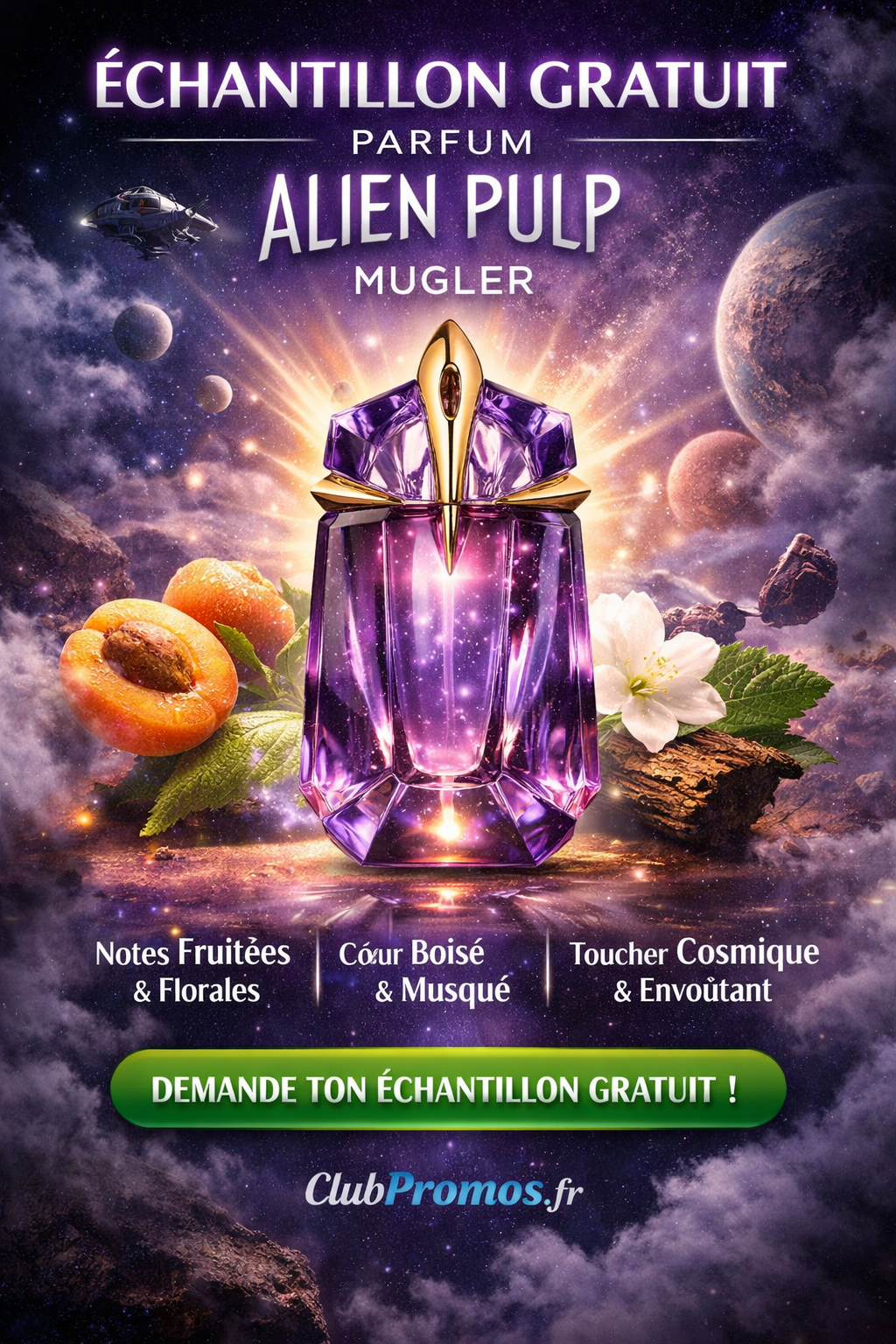 Visuel promotionnel pour l’échantillon gratuit Alien Pulp de Mugler avec un parfum unique aux notes fruitées et boisées.