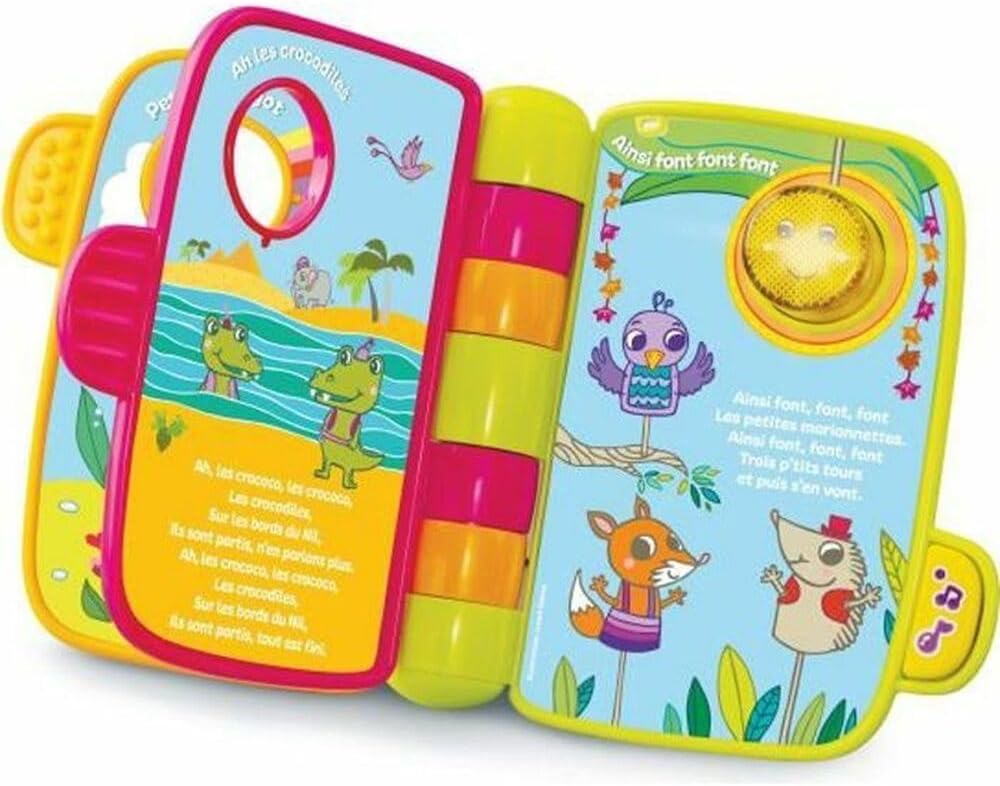  VTech P’tit Livre Enchanté – 4 comptines françaises, 5 chansons, 4 mélodies, bouton lumineux, volume réglable, jouet musical bébé 6–36 mois, solide et coloré