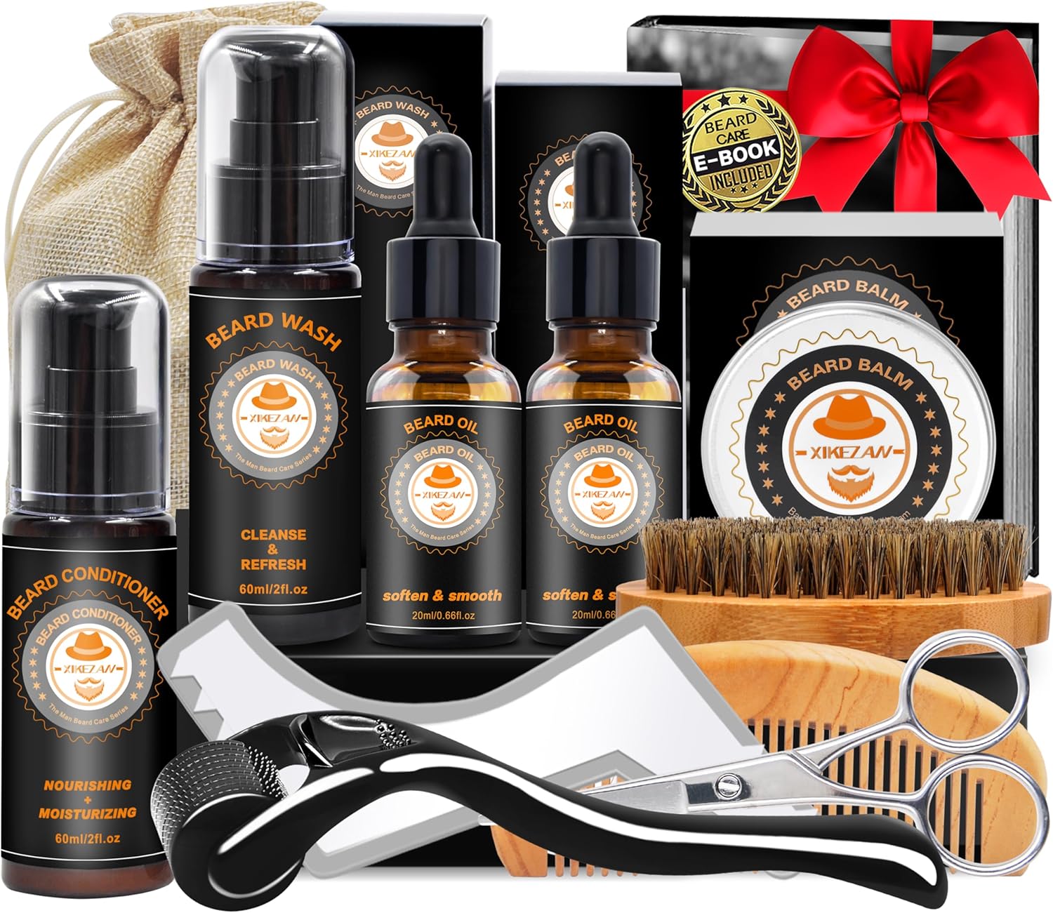 Coffret Kit Soin Barbe Homme XIKEZAN, 10 accessoires de soin incluant huile, baume, shampoing, baume, roller, modeleur, brosse, peigne, ciseaux, sac